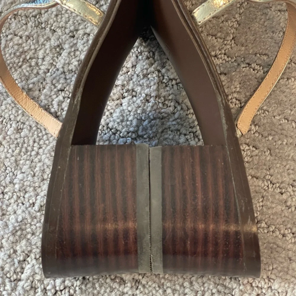 J. Crew Metallic and Brown Strappy Toe Ring Sandals, Stacked 2” Block Heel, 6